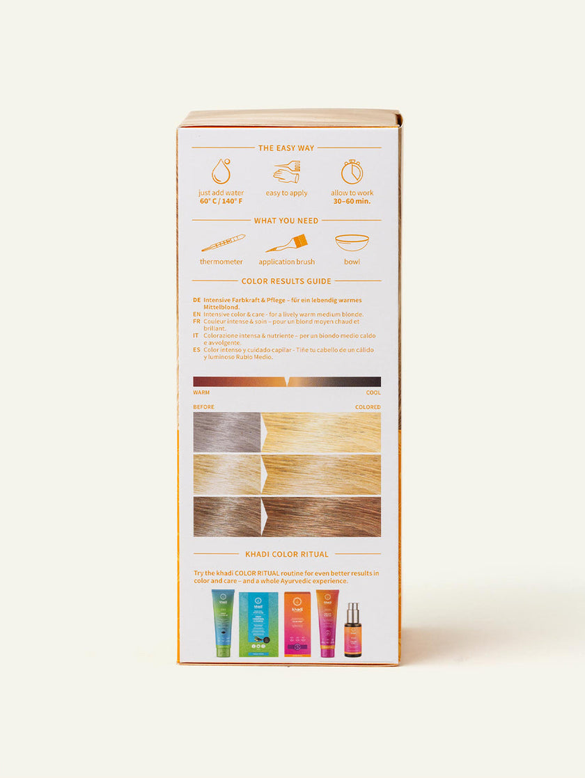 Zdjęcie produktu Mittelblond Pflanzenhaarfarbe (farba do włosów w kolorze średni blond), opakowanie z tyłu, producent: khadi