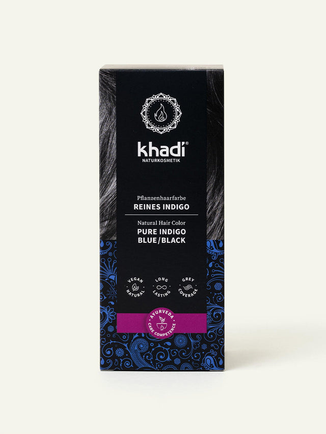 Zdjęcie ziołowej farby do włosów khadi pure indigo, widok opakowania z przodu